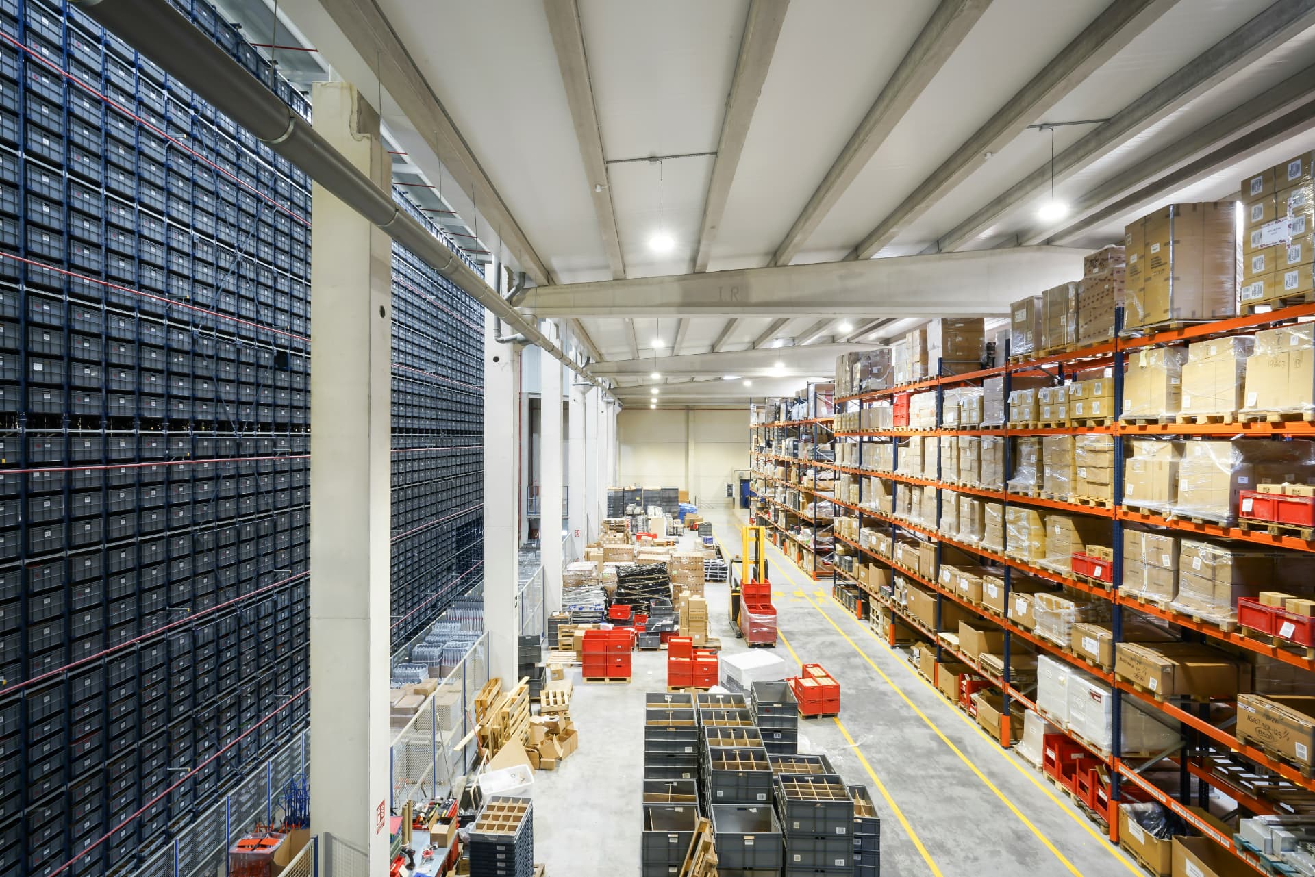 Pallet racking and storage bins inside the Amsterdam warehouse