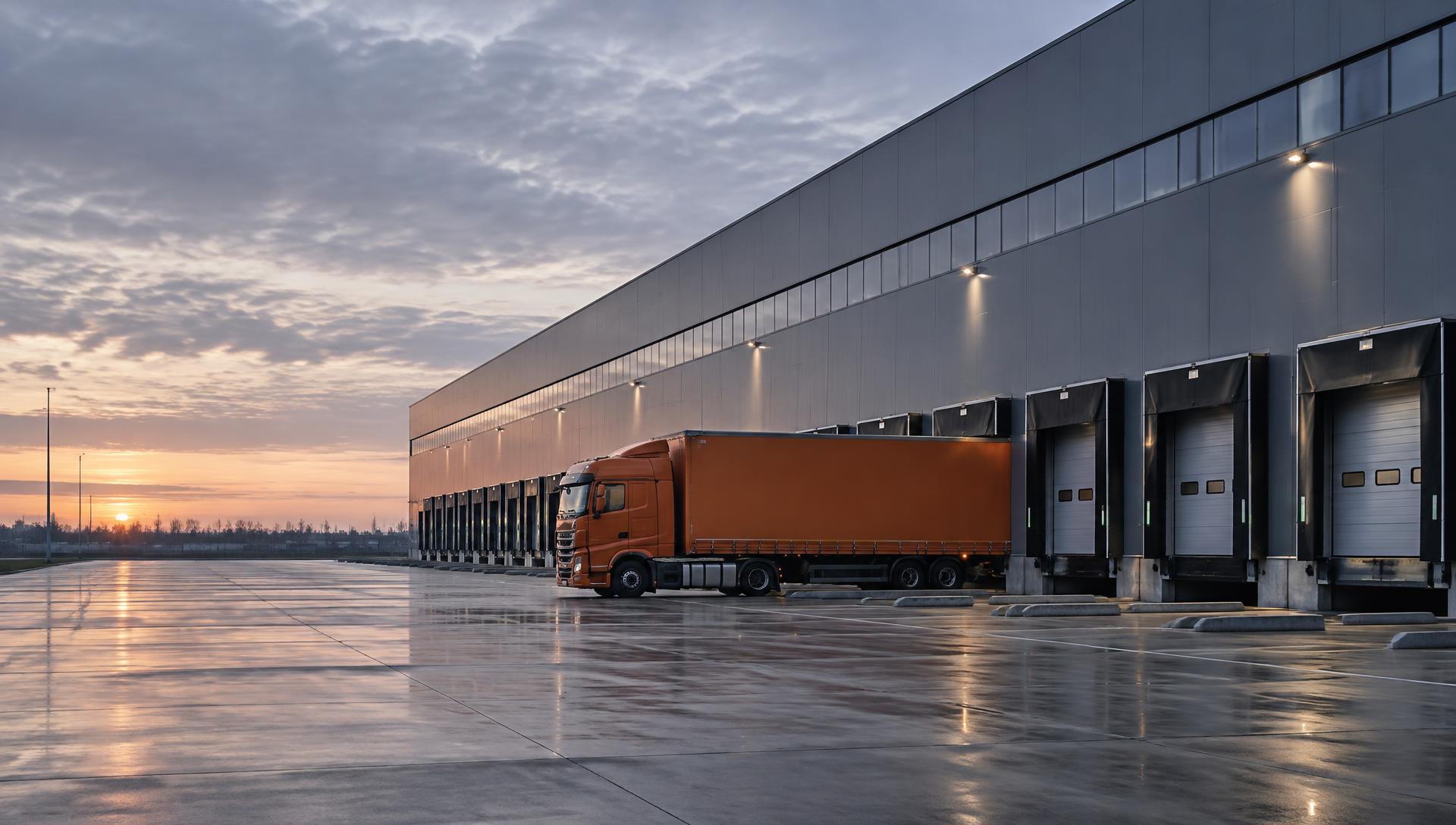 Modern distribution warehouse with a truck at the loading bays