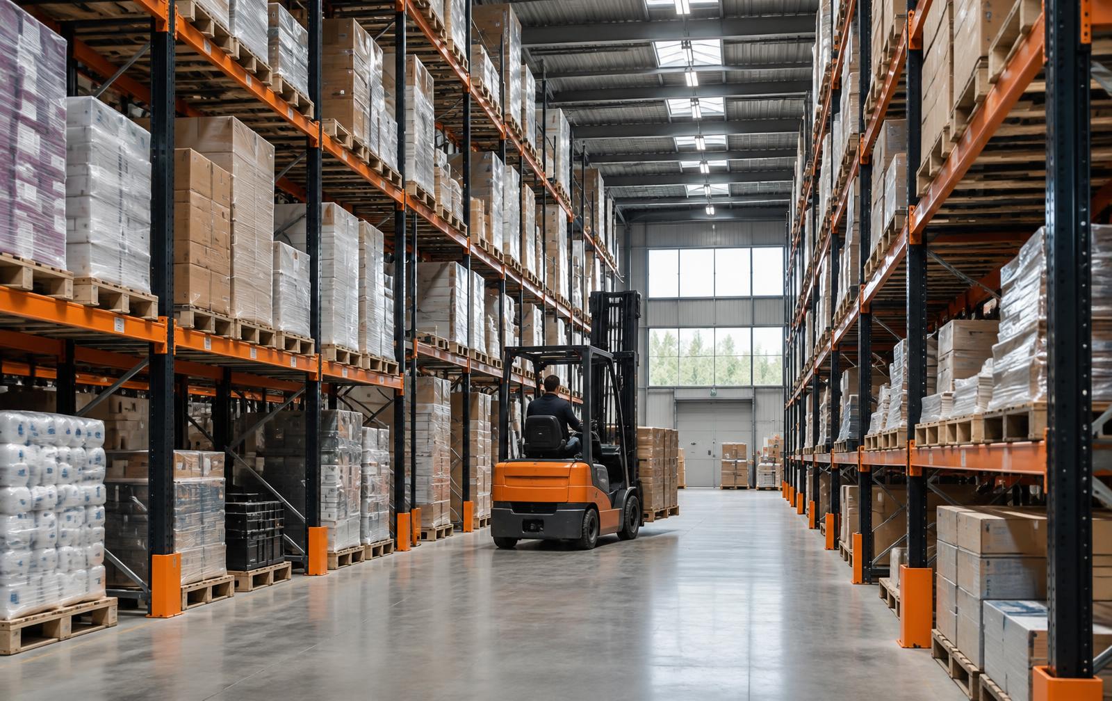 Organised pallet storage inside a modern warehouse